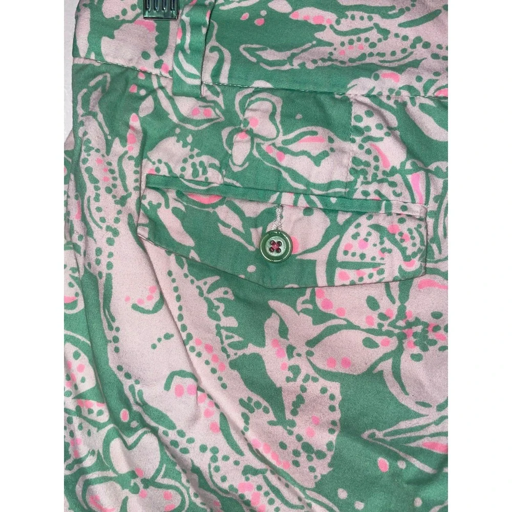 Lilly Pulitzer Barclay Chino Shorts Green Pink Floral Shell Print Womens 8